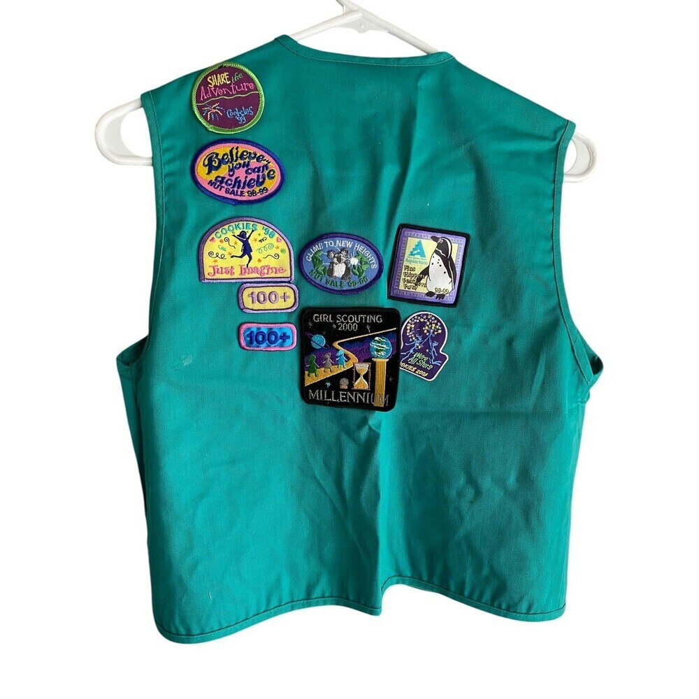 Vintage Girl Scouts Vest Girls Large Teal Green Uniform Patches Badges 90s - Picture 6 of 8